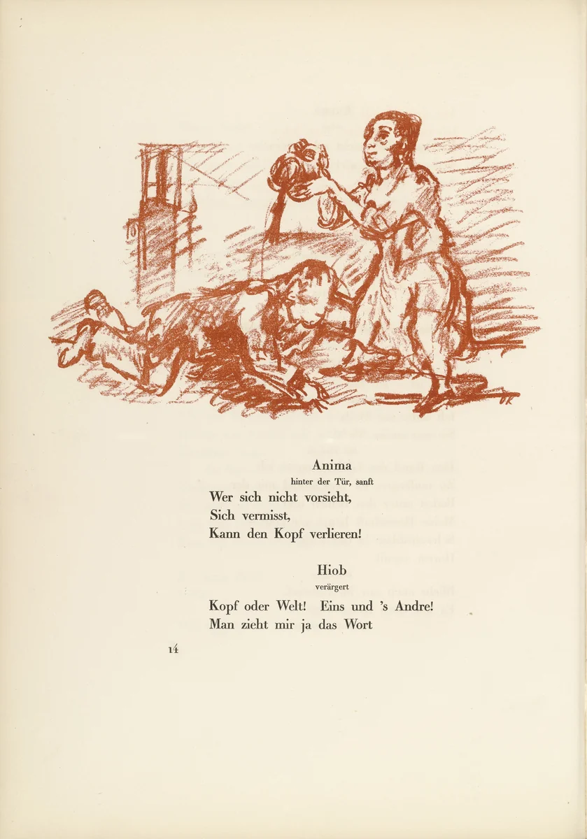 Job Before Anima's Door (Hiob vor der Türe Animas) (in-text plate, page 14) from Hiob (Job) by Oskar Kokoschka, illustrated book, 1916