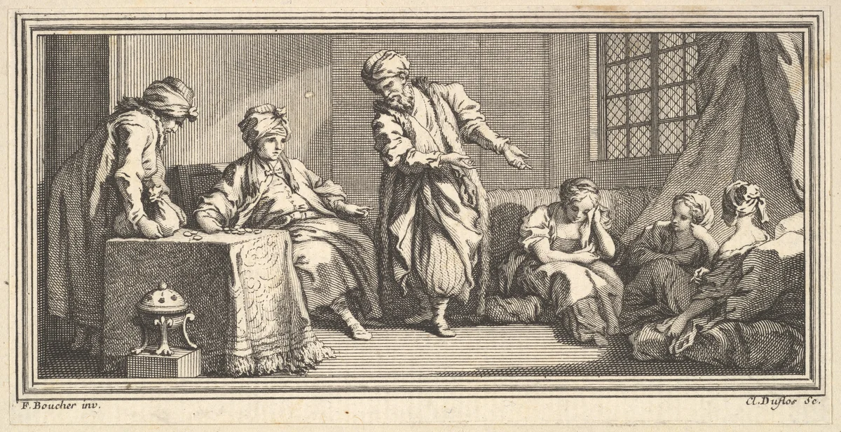 The Slave Merchant by Claude Augustin Duflos le Jeune, print, 1746-1747