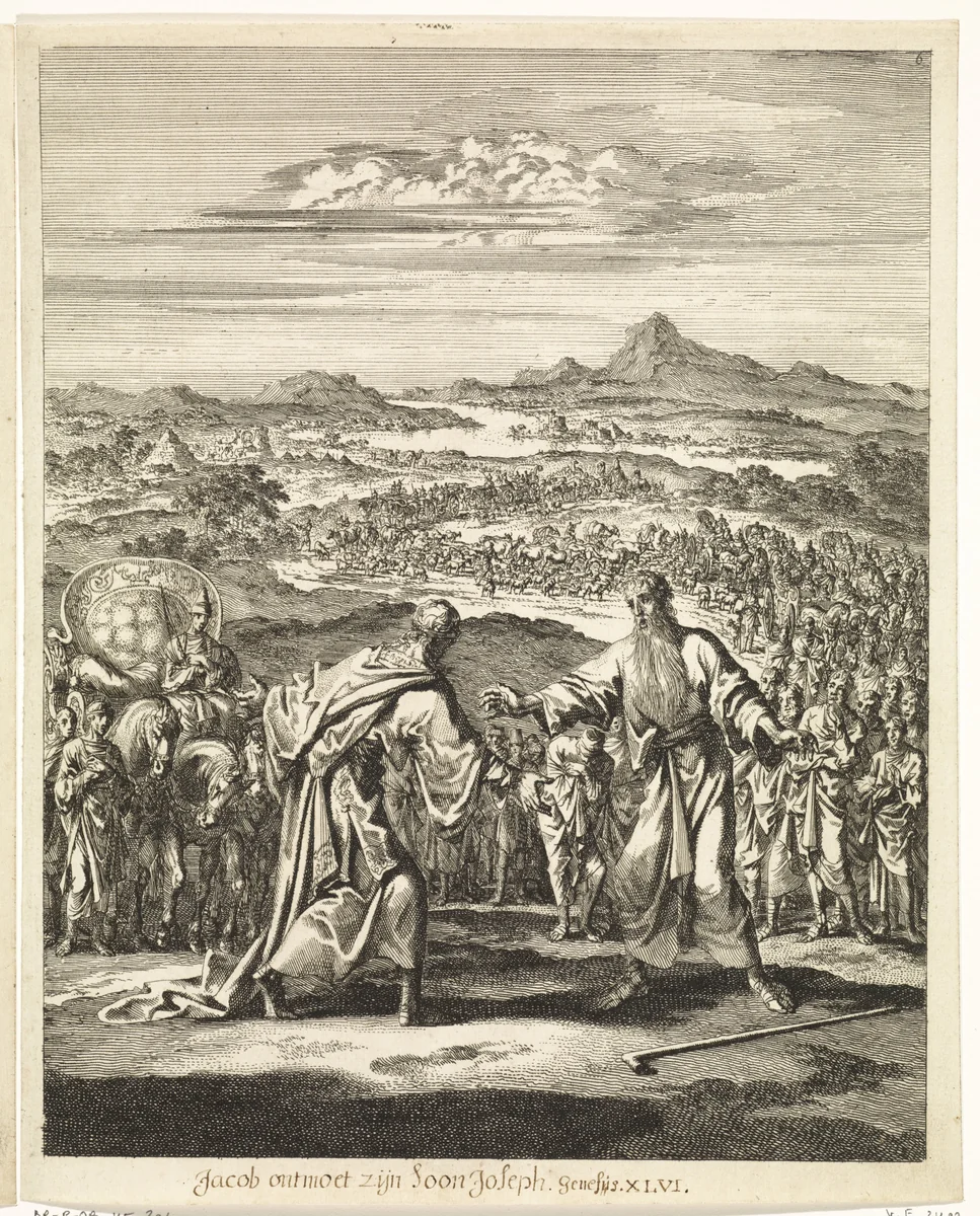 Ontmoeting van Jakob en Jozef by Jan Luyken, print, 1708