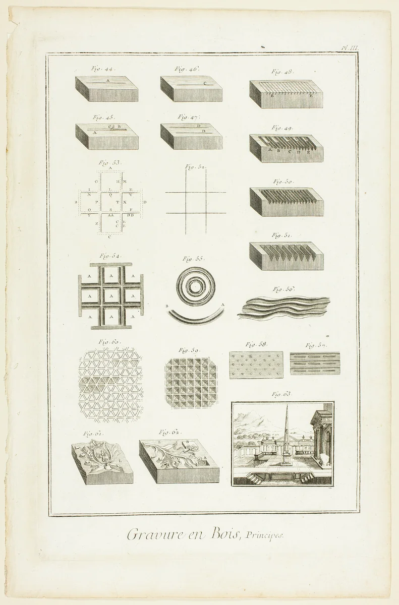 Elements of Wood Engraving, from Encyclopédie by A. J. Defehrt, print, 1762-1777
