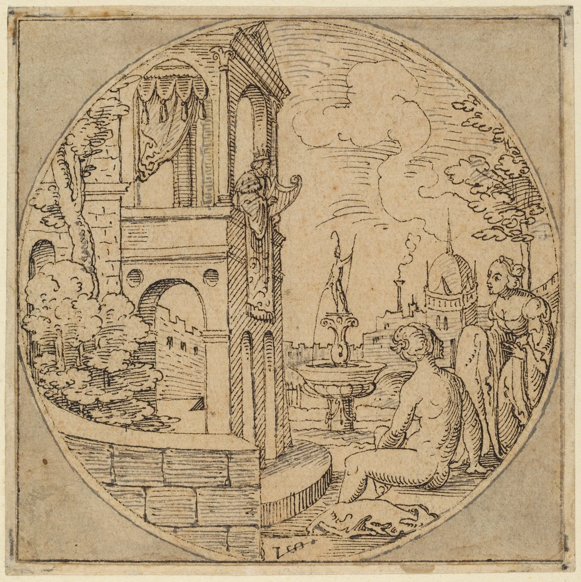 David and Bathsheba by Virgil Solis, drawing, 1540-1550