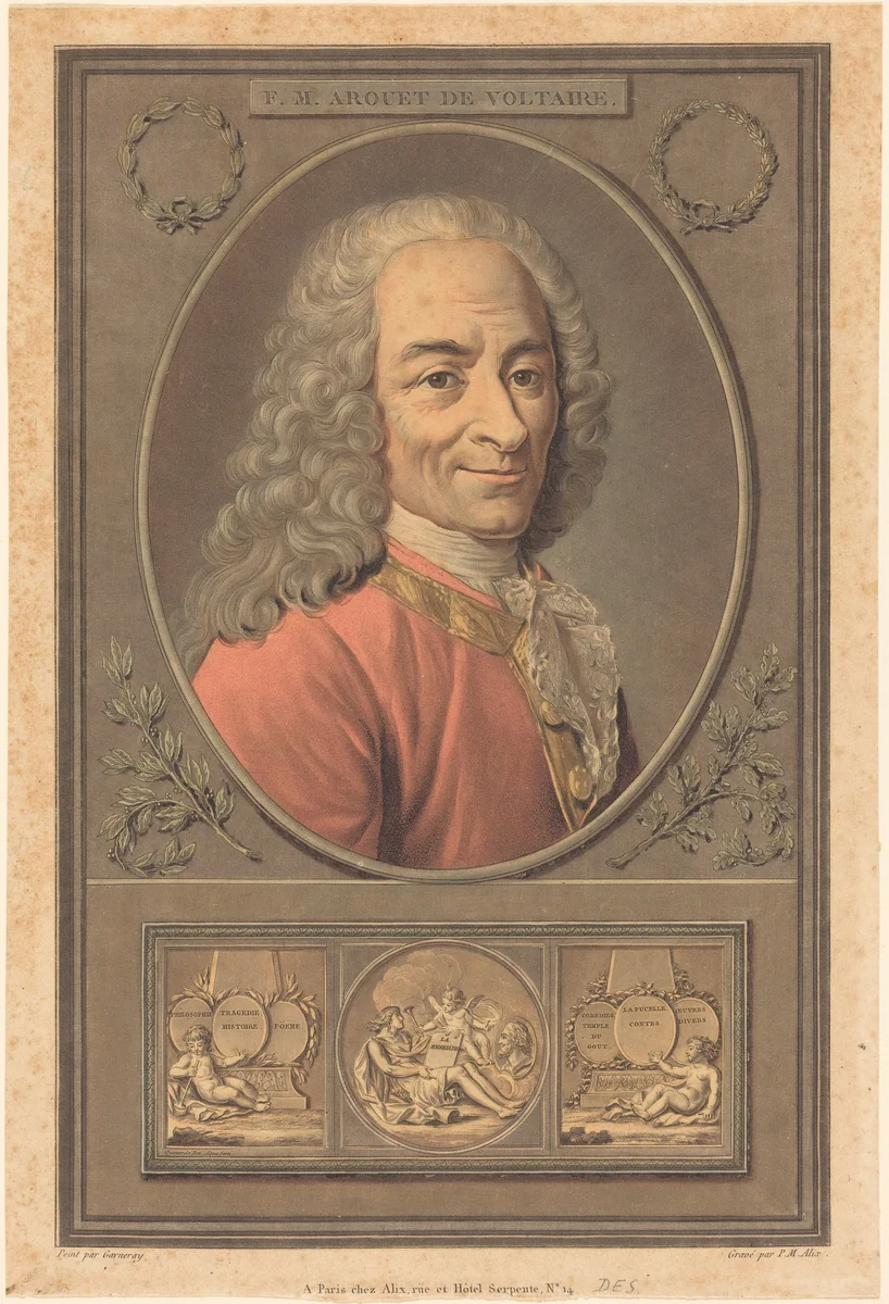 F.M. Arouet de Voltaire by Pierre-Michel Alix; Jean-François Garnerey, print, 1796