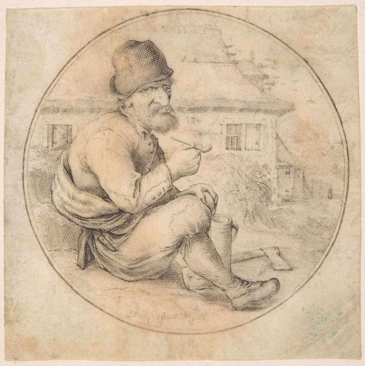 Seated Old Man Holding a Pipe by Anton Crussens, drawing, 1640-1660