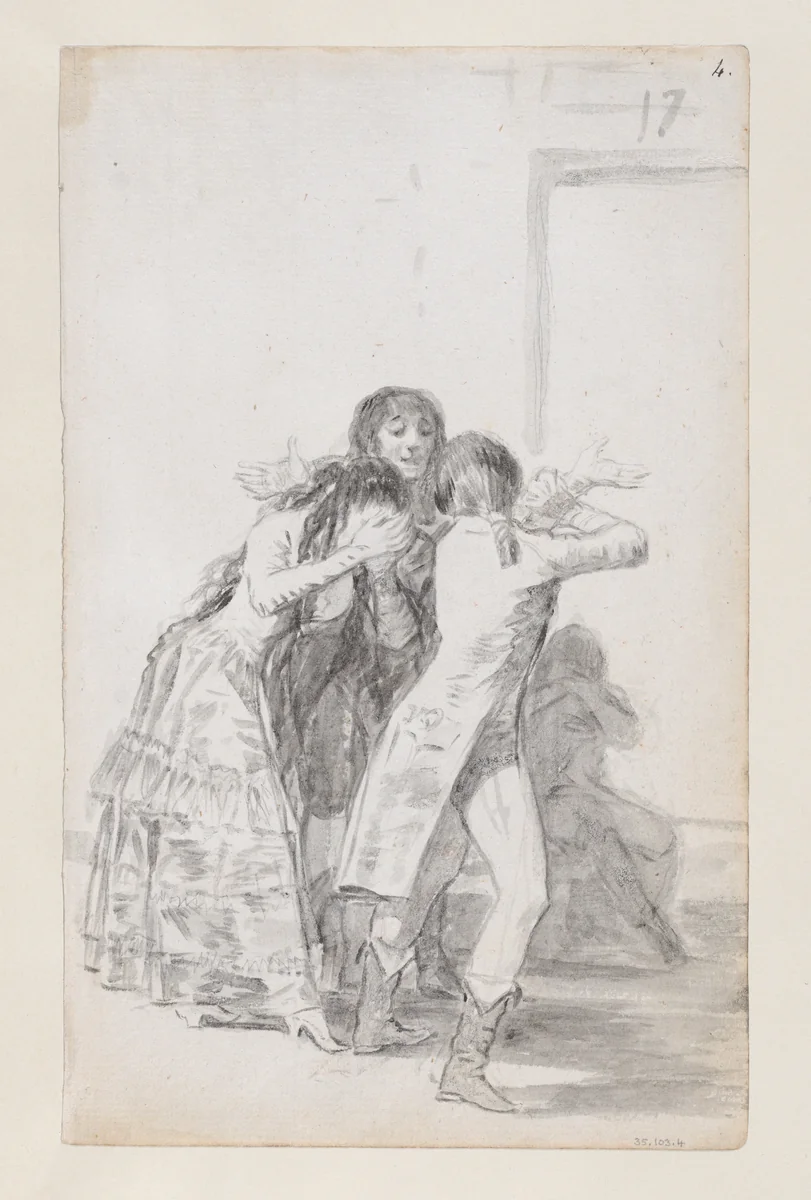 Young woman weeping and covering her face with her hands, accompanied by men; folio 17 (recto) from the Madrid Album "B" by Goya, drawing, 1795-1797