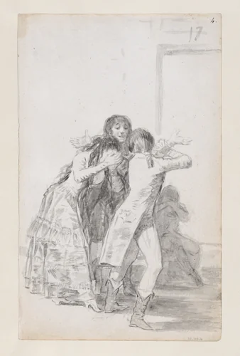 Young woman weeping and covering her face with her hands, accompanied by men; folio 17 (recto) from the Madrid Album "B" by Goya, drawing, 1795-1797