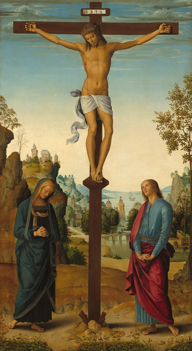 The Crucifixion with the Virgin, Saint John, Saint Jerome, and Saint Mary Magdalene [middle panel] by Pietro Perugino, painting, 1482-1485