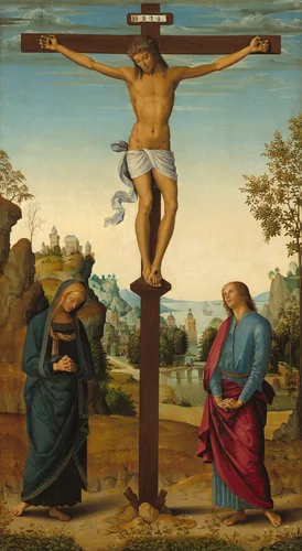 The Crucifixion with the Virgin, Saint John, Saint Jerome, and Saint Mary Magdalene [middle panel] by Pietro Perugino, painting, 1482-1485