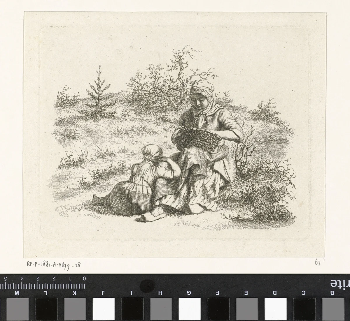 Zittende vrouw en een meisje by Jacob Ernst Marcus, print, 1813