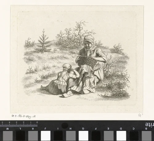 Zittende vrouw en een meisje by Jacob Ernst Marcus, print, 1813