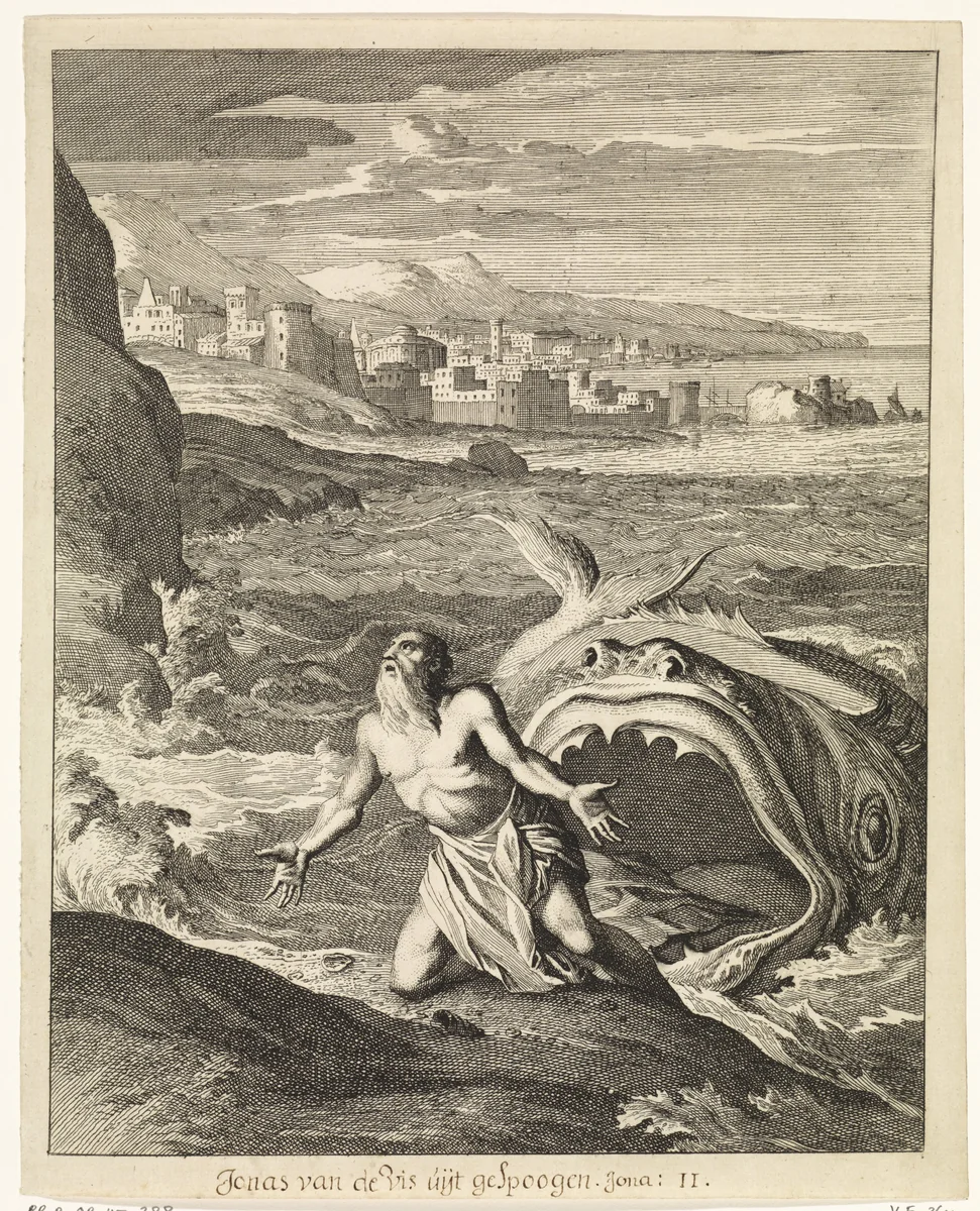 Jona door de vis uitgespuwd by Caspar Luyken, print, 1708