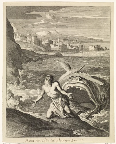 Jona door de vis uitgespuwd by Caspar Luyken, print, 1708