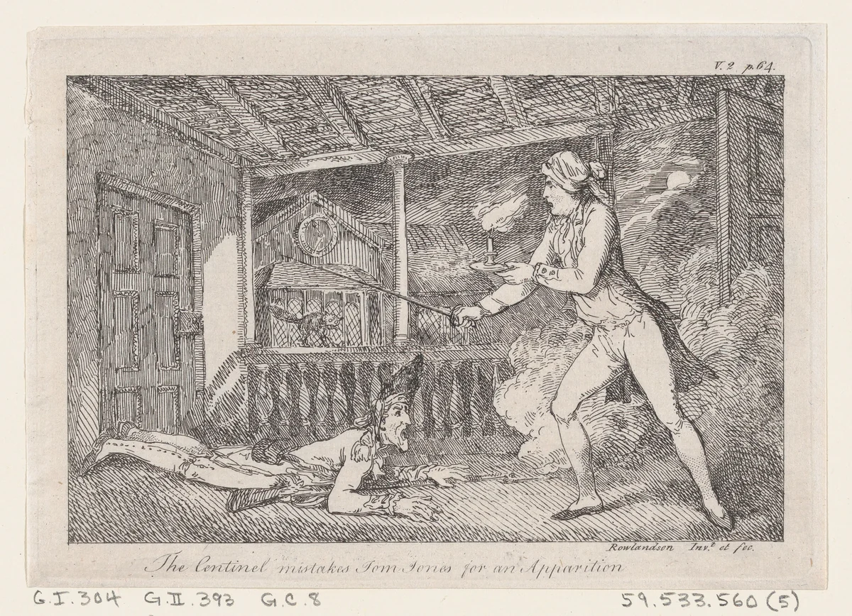 The Sentinel Mistakes Tom Jones for an Apparition, from "The History of Tom Jones, a Foundling" by Thomas Rowlandson, print, 1792