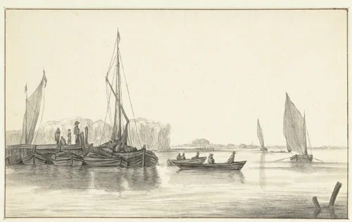 Rivierlandschap met een aanlegsteiger met boten by Hendrick Jacobsz. Dubbels, drawing, 1630-1676