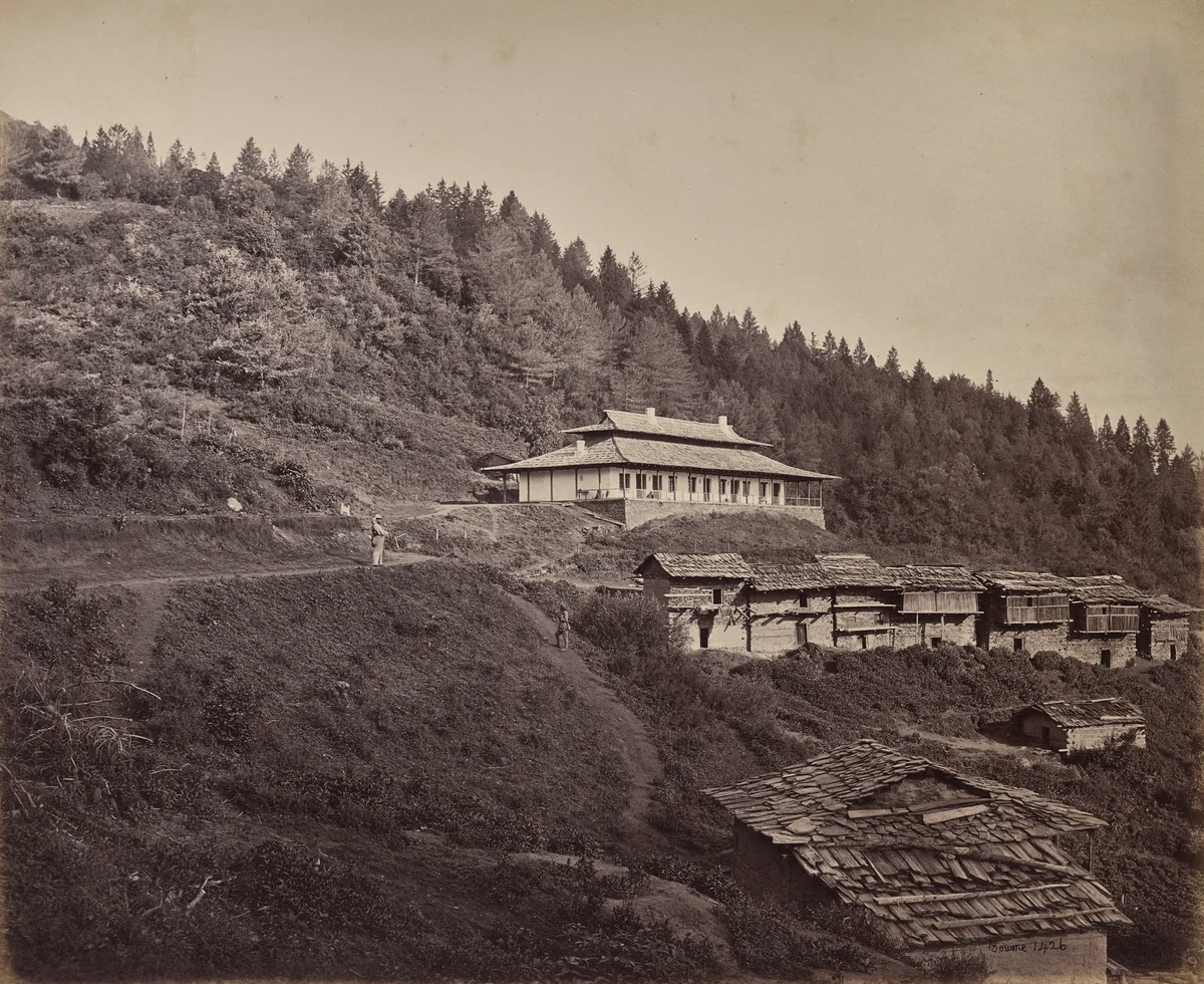 The Upper Himmalayahs. Village of Harkundu with Traveller's Bungalow in Rest-House by Samuel Bourne, photograph, 1863-1870
