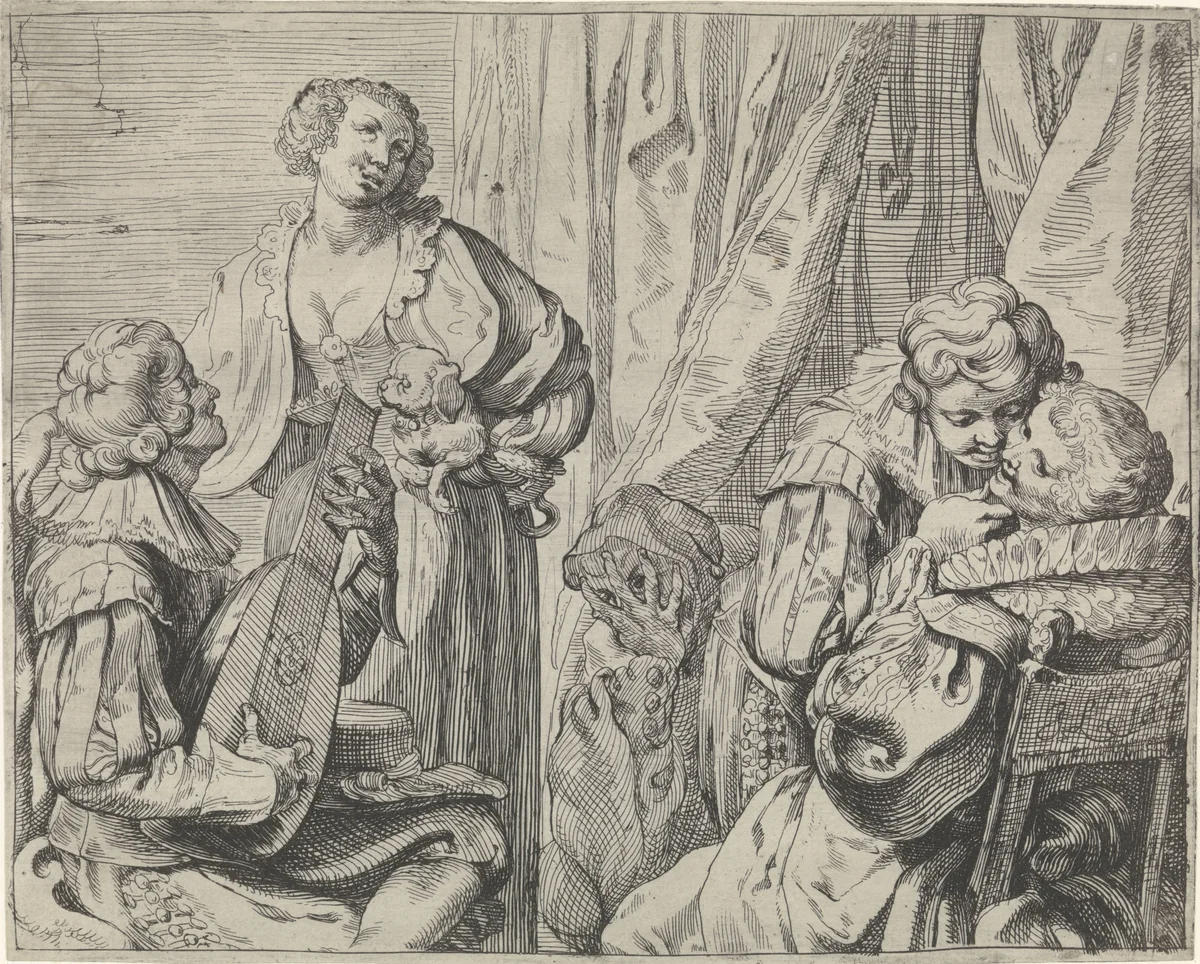 Jonge liefdesparen en een dwaas in een interieur by Johann Liss, print, 1600-1629