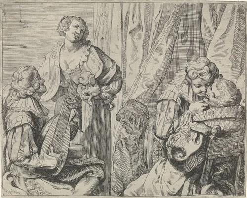 Jonge liefdesparen en een dwaas in een interieur by Johann Liss, print, 1600-1629
