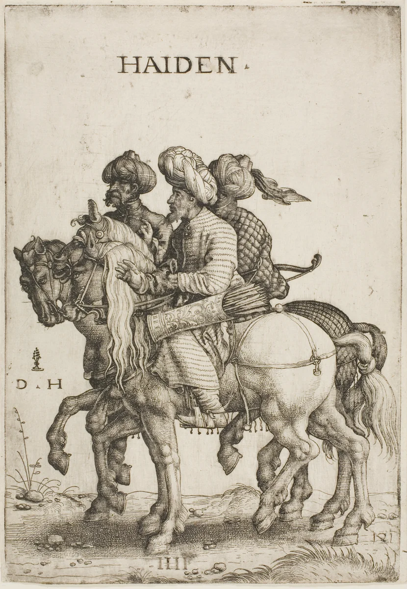 Three Turkish Soldiers (Cavalrymen) by Daniel Hopfer, print, 1520