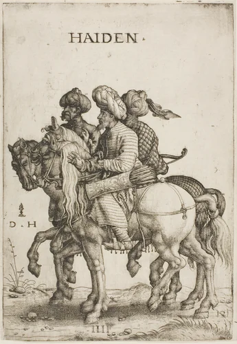 Three Turkish Soldiers (Cavalrymen) by Daniel Hopfer, print, 1520