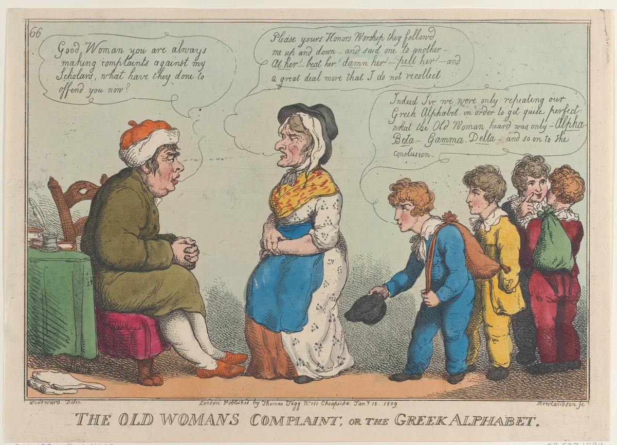 The Old Womans Complaint, or the Greek Alphabet by Thomas Rowlandson, print, 1809