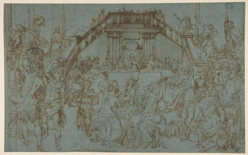 The Wedding Feast at Cana (after Paolo Veronese) by Federico Zuccaro, drawing, 1540-1609