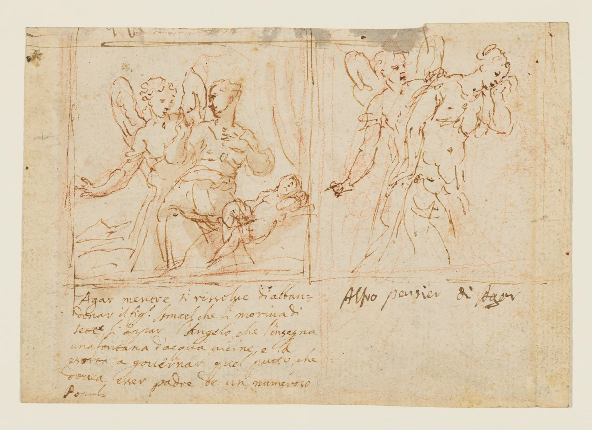 Two alternative designs for a composition of Hagar, Ismael, and the Angel, with the artist’s iconographic notes on the subject matter (recto); Fragmentary composition with a reclining woman and a cropped seated figure (verso) by anonymous, drawing, 1600-1700