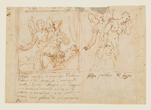 Two alternative designs for a composition of Hagar, Ismael, and the Angel, with the artist’s iconographic notes on the subject matter (recto); Fragmentary composition with a reclining woman and a cropped seated figure (verso) by anonymous, drawing, 1600-1700