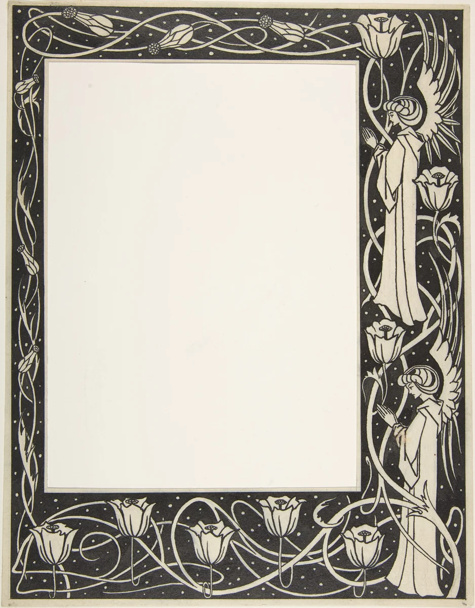 Praying Angels and Poppies (Border Design for Thomas Malory, "Le Morte d'Arthur," J. M. Dent 1893–94, Part III, book vii, chapter i, p. 219) by Aubrey Beardsley, drawing, 1893