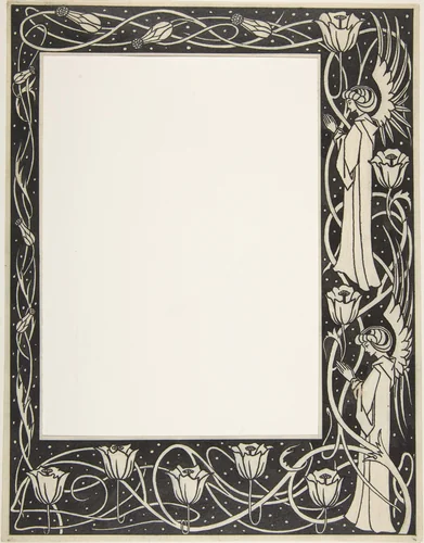 Praying Angels and Poppies (Border Design for Thomas Malory, "Le Morte d'Arthur," J. M. Dent 1893–94, Part III, book vii, chapter i, p. 219) by Aubrey Beardsley, drawing, 1893