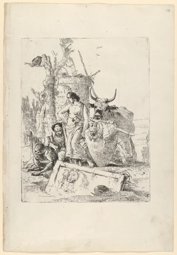 Young shepherdess and old man with a monkey, from the Scherzi by Giovanni Battista Tiepolo, print, 1738-1755