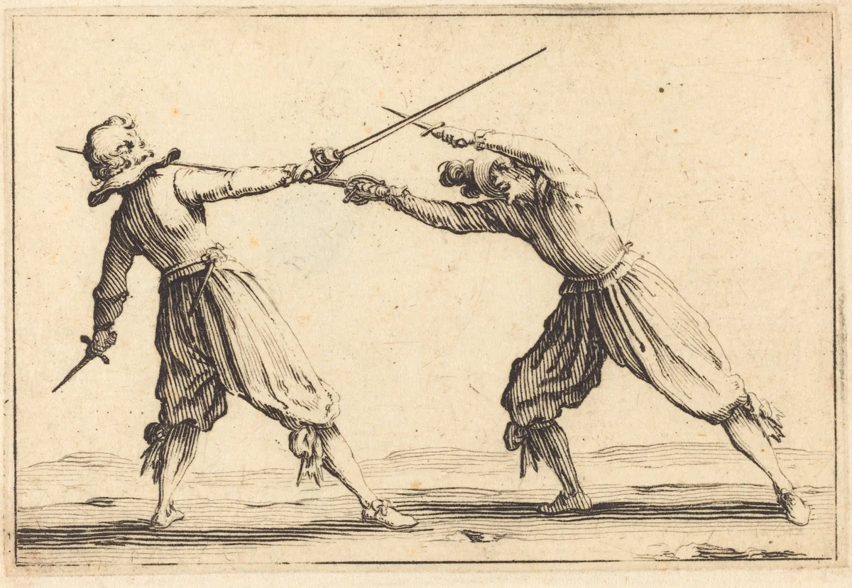 Duel with Swords and Daggers by Jacques Callot, print, 1617