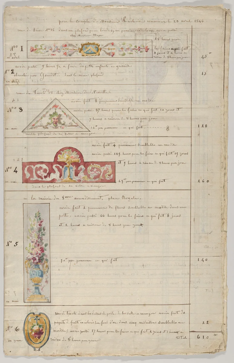 Interior Decorator’s Account Book of Hours Spent by Jules-Edmond-Charles Lachaise, drawing, 1846