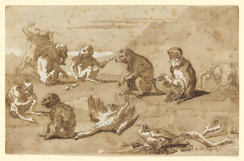 Eight Monkeys, a Dead Goose, and a Cormorant by Giovanni Domenico Tiepolo, drawing, 1736-1804