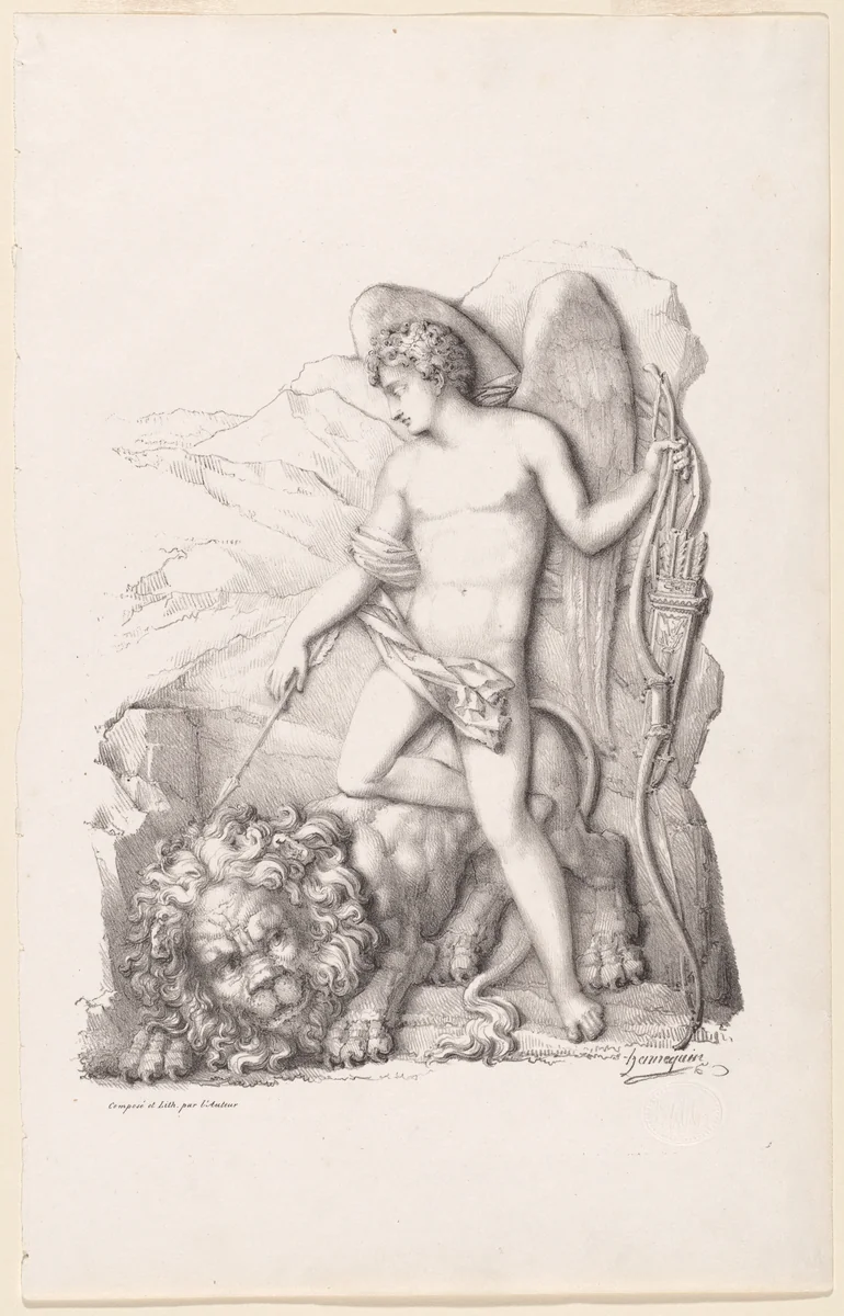 L’Amour terrassant un lion (Personification of Love Vanquishing a Lion) by Philippe Auguste Hennequin, print, 1825