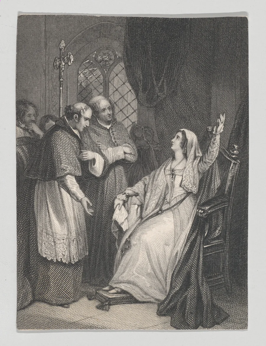 Catherine of Aragon and Cardinal Wolsey (Shakespeare, King Henry VIII, Act 3, Scene 1) by Edward Potbury, print, 1825-1840
