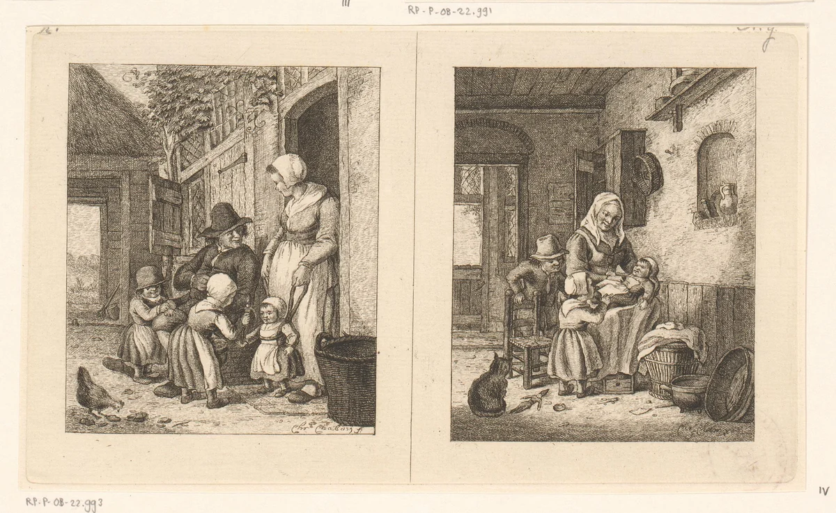 Gezin voor een huis en een vrouw met kinderen by Pieter de Mare, print, 1779