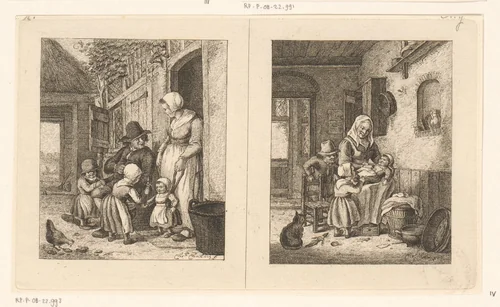 Gezin voor een huis en een vrouw met kinderen by Pieter de Mare, print, 1779