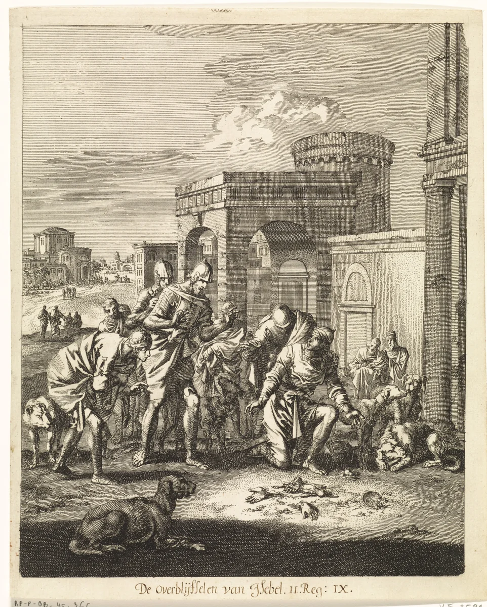 Overblijfselen van Izebel op straat gevonden by Jan Luyken, print, 1708