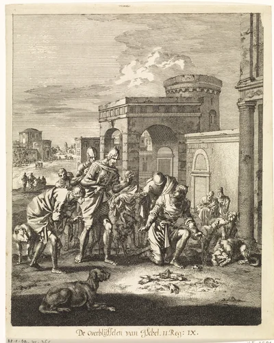 Overblijfselen van Izebel op straat gevonden by Jan Luyken, print, 1708