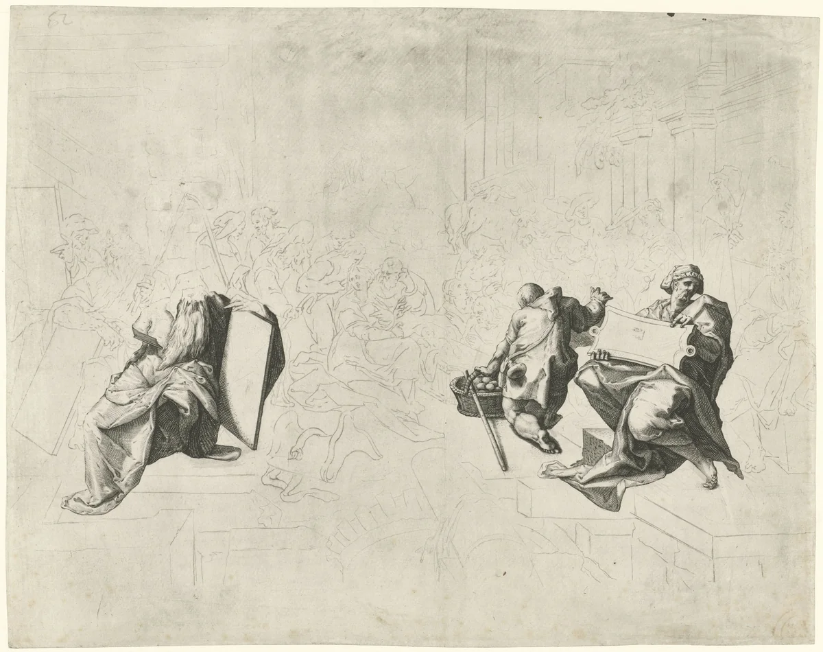 Aanbidding der herders, op de voorgrond Mozes en vijf profeten by Unknown, print, 1586-1588
