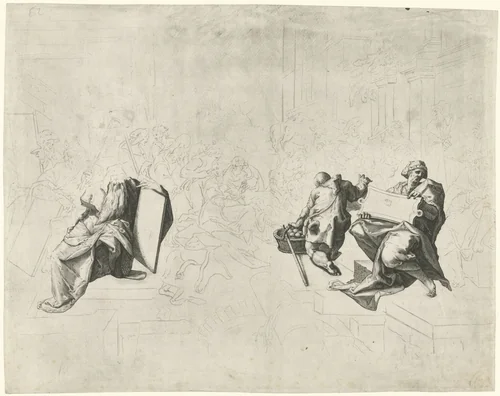 Aanbidding der herders, op de voorgrond Mozes en vijf profeten by Unknown, print, 1586-1588