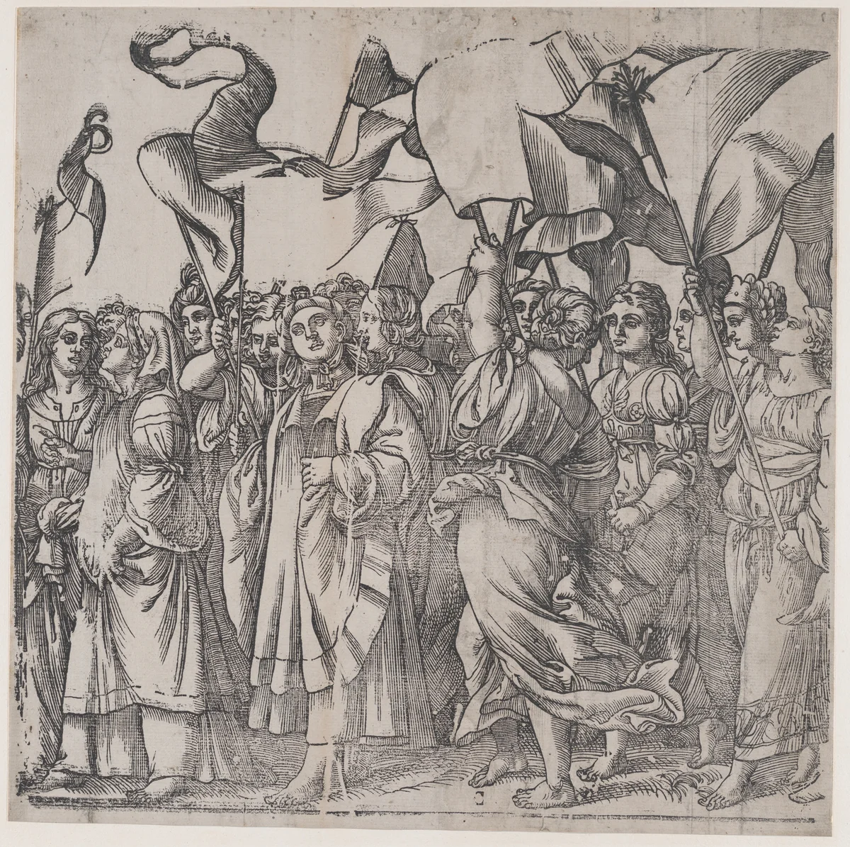 Section C: female martyrs and saints holding banners, from "The Triumph of Christ" by Andrea Andreani, print, 1836