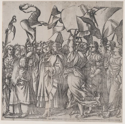 Section C: female martyrs and saints holding banners, from "The Triumph of Christ" by Andrea Andreani, print, 1836