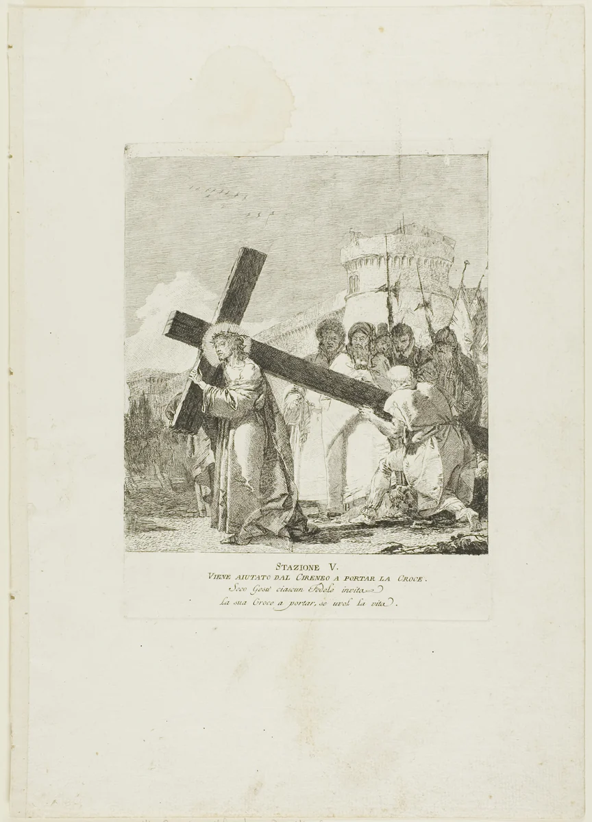 Christ is Helped by Simon of Cyrene, plate five from Stations of the Cross by Giovanni Domenico Tiepolo, print, 1748