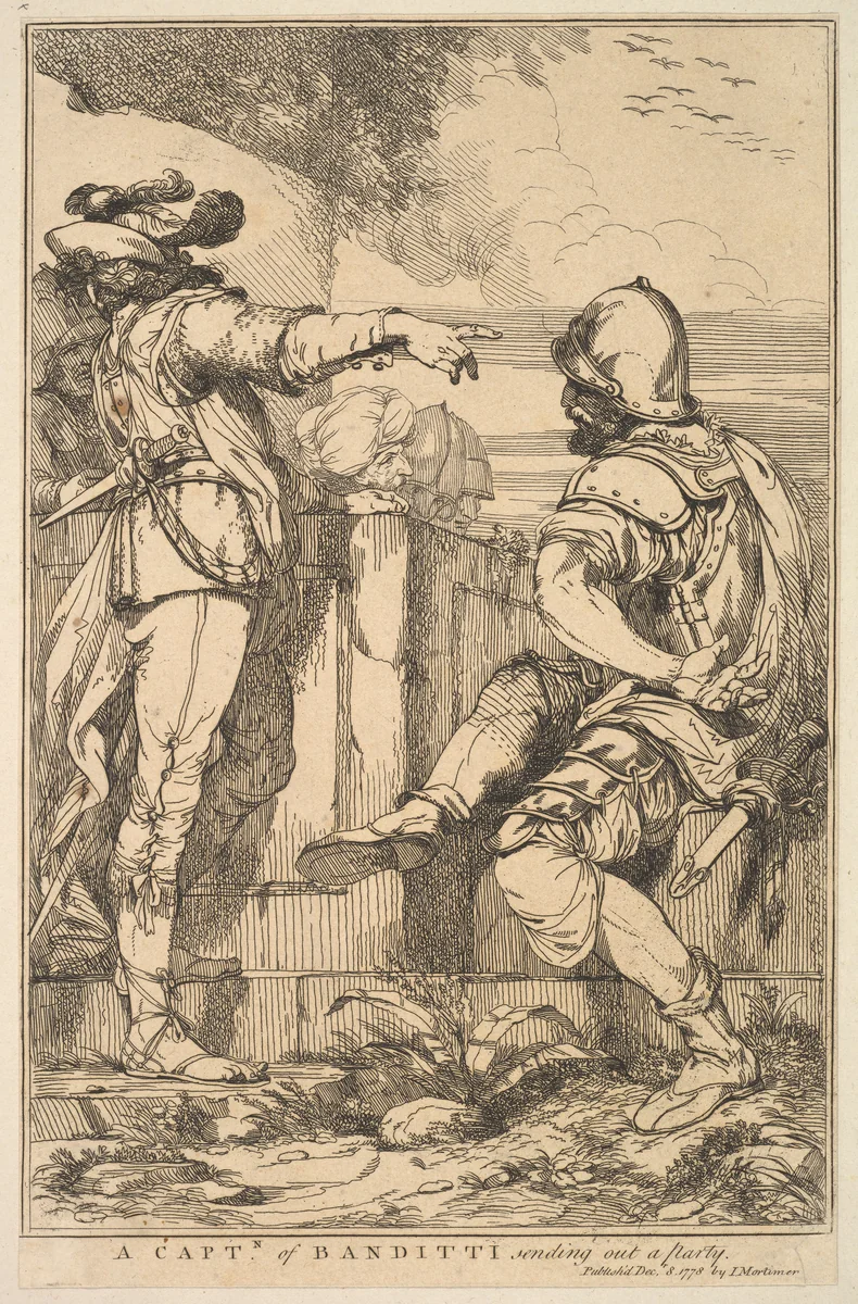 A Captain of Banditti Sending Out a Party, from "Fifteen Etchings Dedicated to Sir Joshua Reynolds" by John Hamilton Mortimer, print, 1778