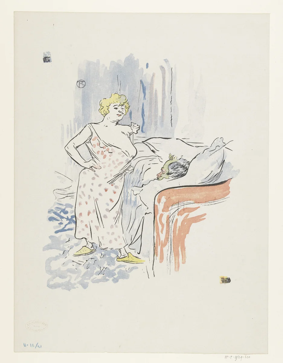 Man in bed en prostituee in slaapkamer by anonymous, photograph, 1896