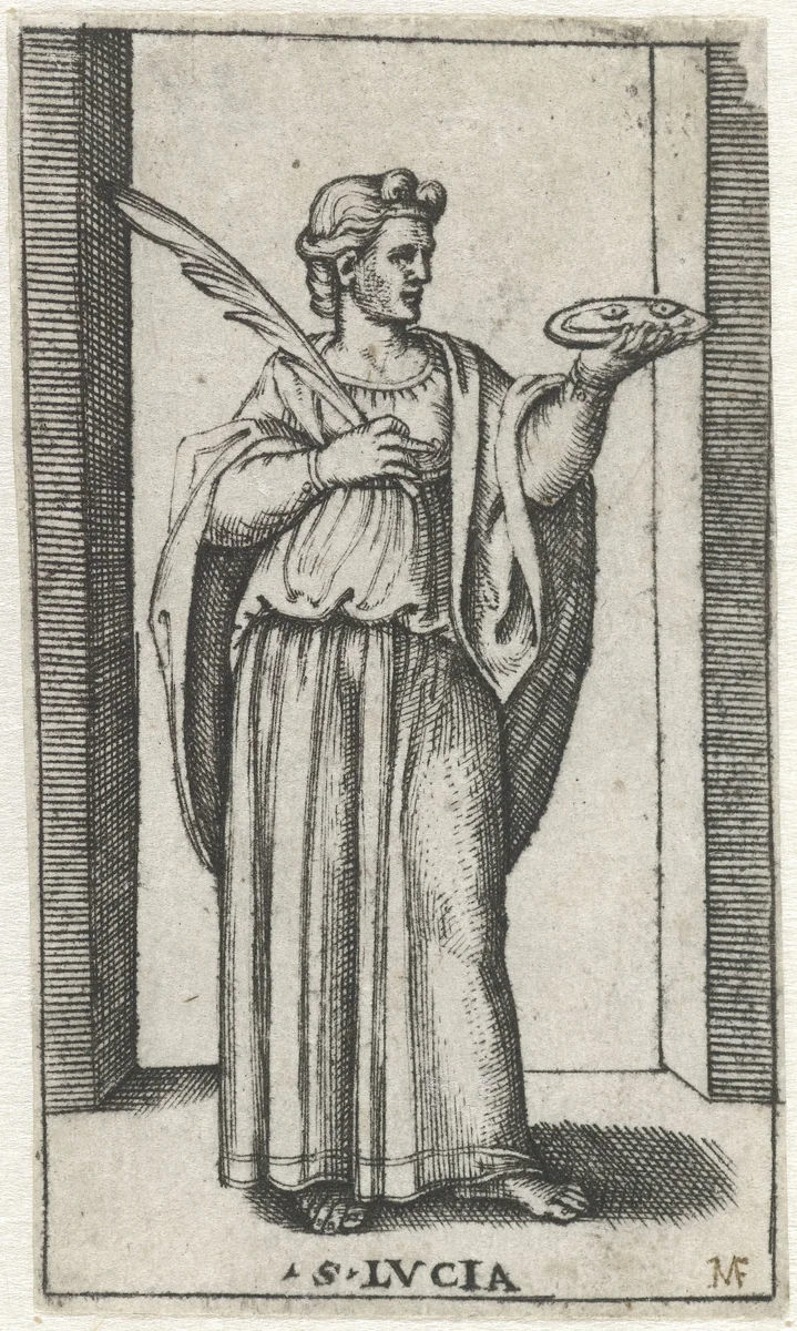 Heilige Lucia met twee ogen op bord by anonymous, print, 1500-1575