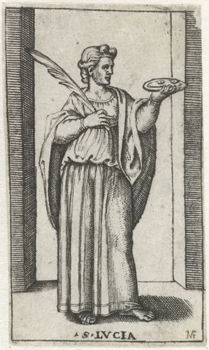 Heilige Lucia met twee ogen op bord by anonymous, print, 1500-1575