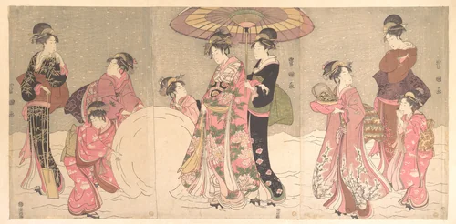 Courtesans and Attendants Making a Giant Snowball by Utagawa Toyokuni, print, 1786-1806