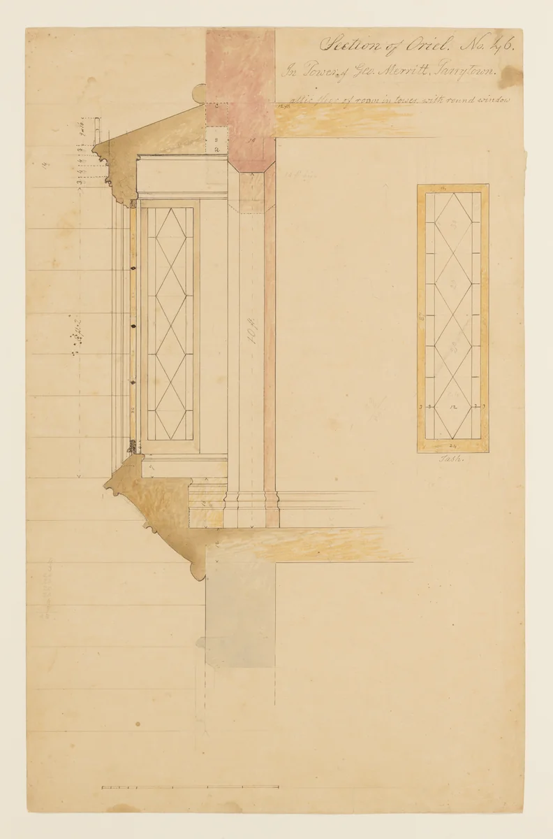 Technical Drawing with a Section of an Oriel Window for the Tower of Lyndhurst for George Merritt, Tarrytown, New York by Alexander Jackson Davis, drawing, 1859-1869