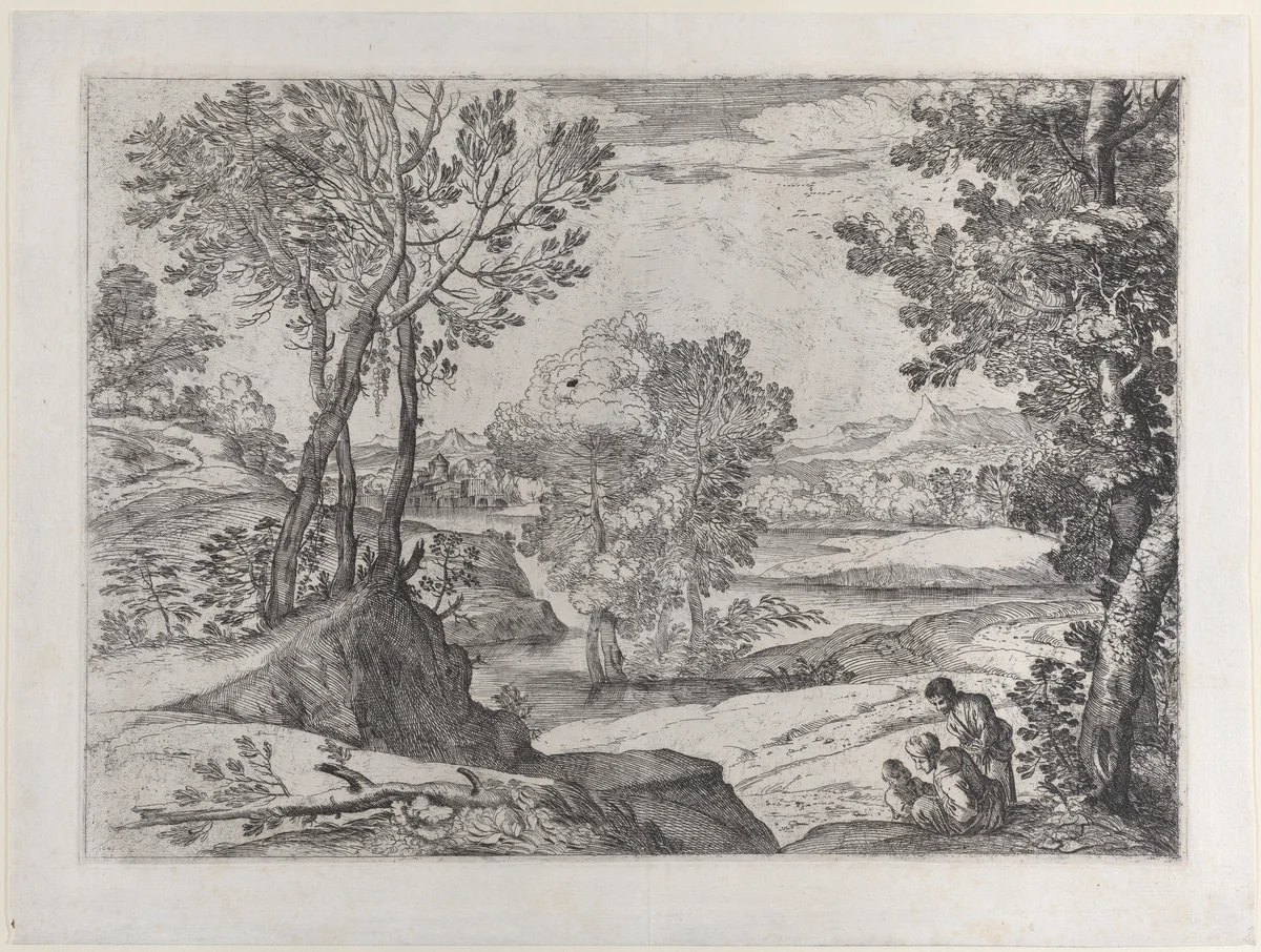 The Landscape With the Family by Giovanni Francesco Grimaldi, print, 1643